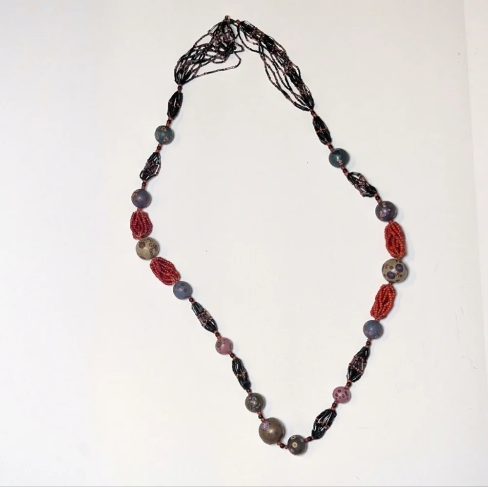 Handcrafted Hand painted Artistic Long‎ Beaded Necklace Multi color 22" - Picture 5 of 7
